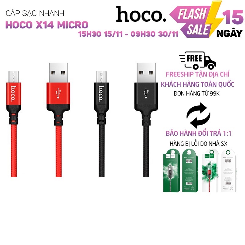 Cáp sạc nhanh Hoco X14 dây dù 2.0A, cổng kết nối Micro Usb, dài 1m