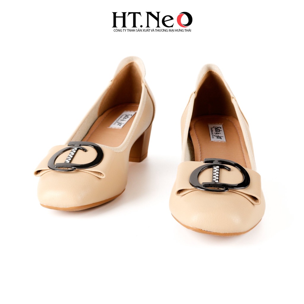 Giày cao gót HT.NEO mũi vuông gót vuông cao 5cm, quai da đính khuy cực xinh CS256