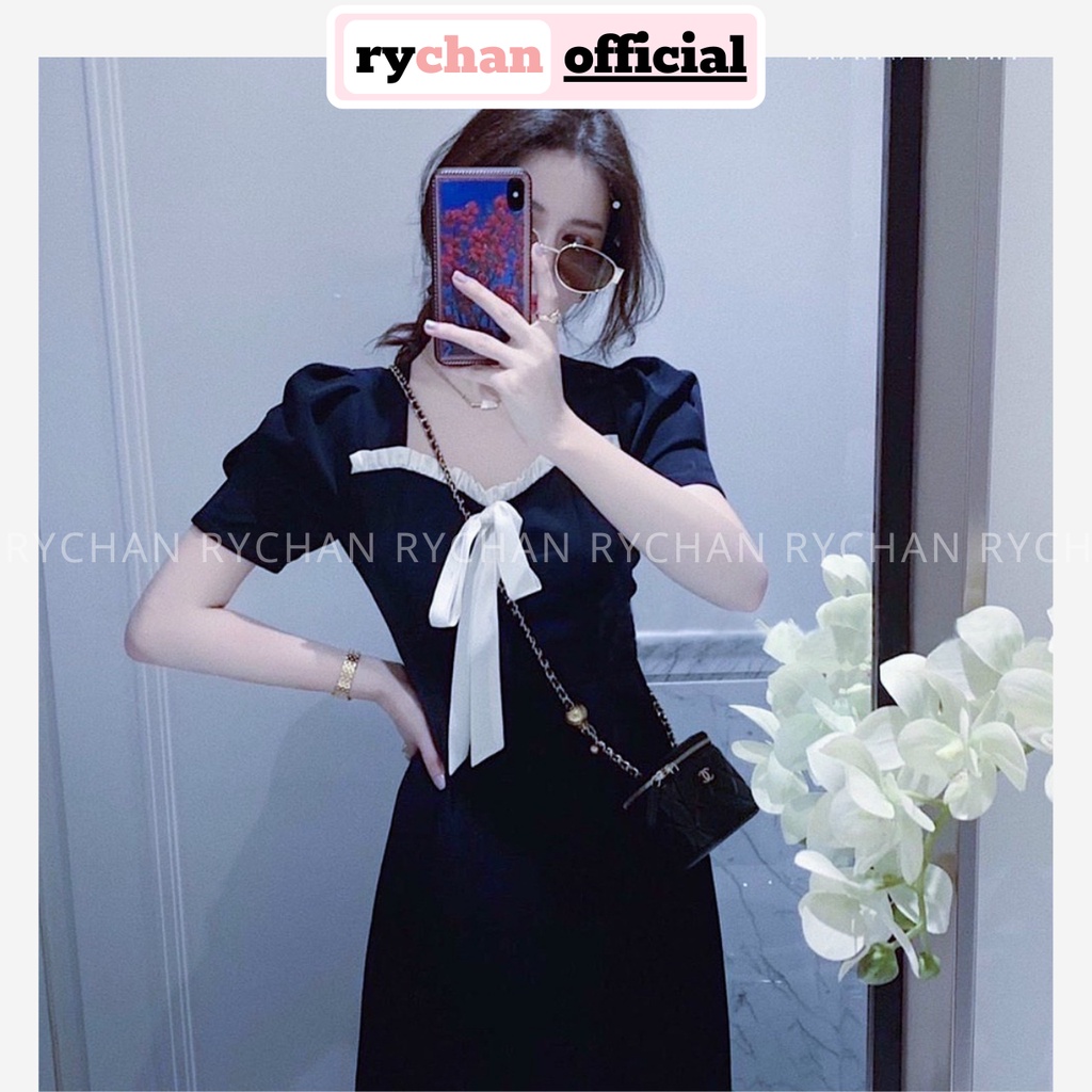 Đầm Xòe Xanh Tay Phồng Cổ Nơ Đính Bèo [Ảnh Thật Cuối] - DX0112