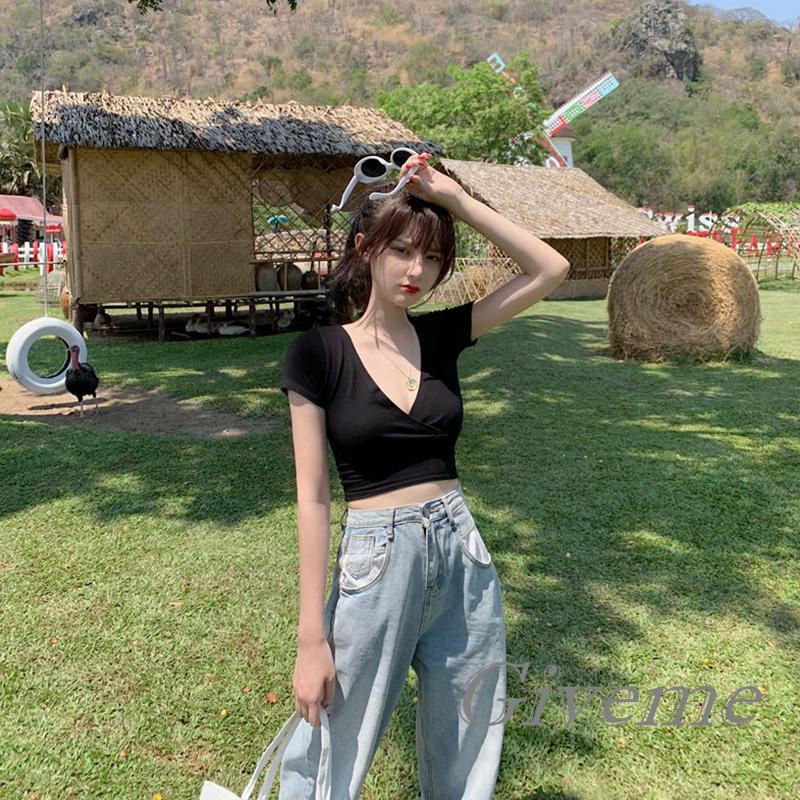 Áo Thun Tay Ngắn Cổ Chữ V Màu Sắc Đơn Giản Cho Nữ