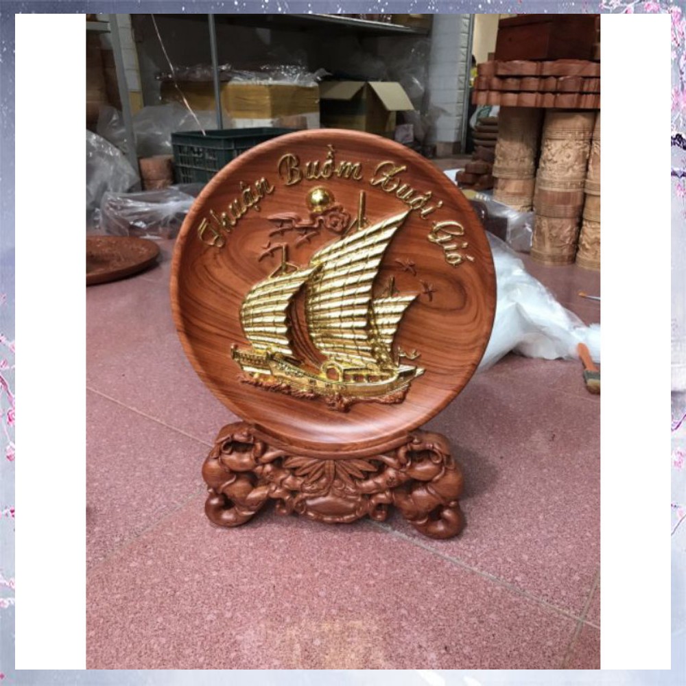 Tranh Đĩa Thuận Buồm Xuôi Gió Dát Vàng. Gỗ hương đá. Tiện liền khối. | BigBuy360 - bigbuy360.vn