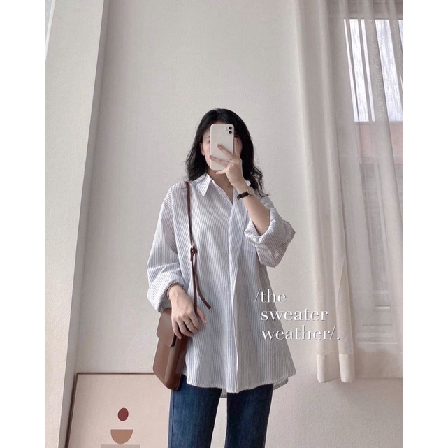 [Ảnh thật/Video]Áo sơ mi kẻ dài tay thiết kế cổ bẻ sang chảnh
