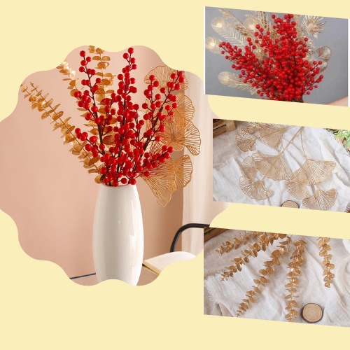 Cành lá dẻ quạt, cành lá tai chuột, cành lá lông công phủ nhũ vàng trang trí decor phòng ngủ, phòng khách, quán cafe
