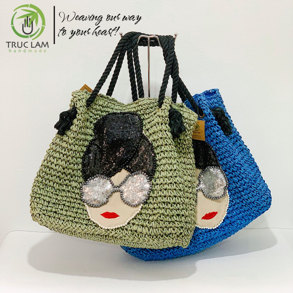 Túi Cói Tote Thời Trang Nữ Quai Vặn Thừng Tết Miệng Oze Cỡ Lớn Thêu Cườm Mặt Cô Gái - Trúc Lâm Handmade