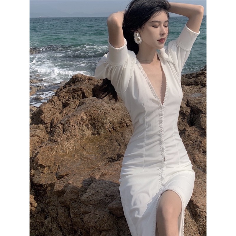 Đầm dài cổ chữ V tay lỡ koreastyle