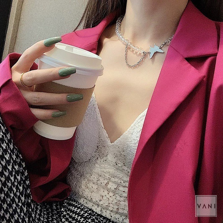 Vòng Cổ Necklace Choker Hạt Trong Suốt Charm Bướm Vintage- Vani Store