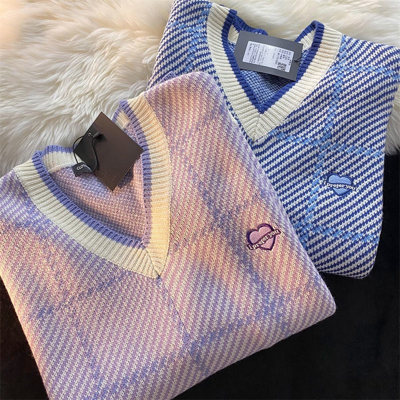 【Keroro】Áo len dáng dài kẻ sọc cổ tim phối viền cực xinh | BigBuy360 - bigbuy360.vn