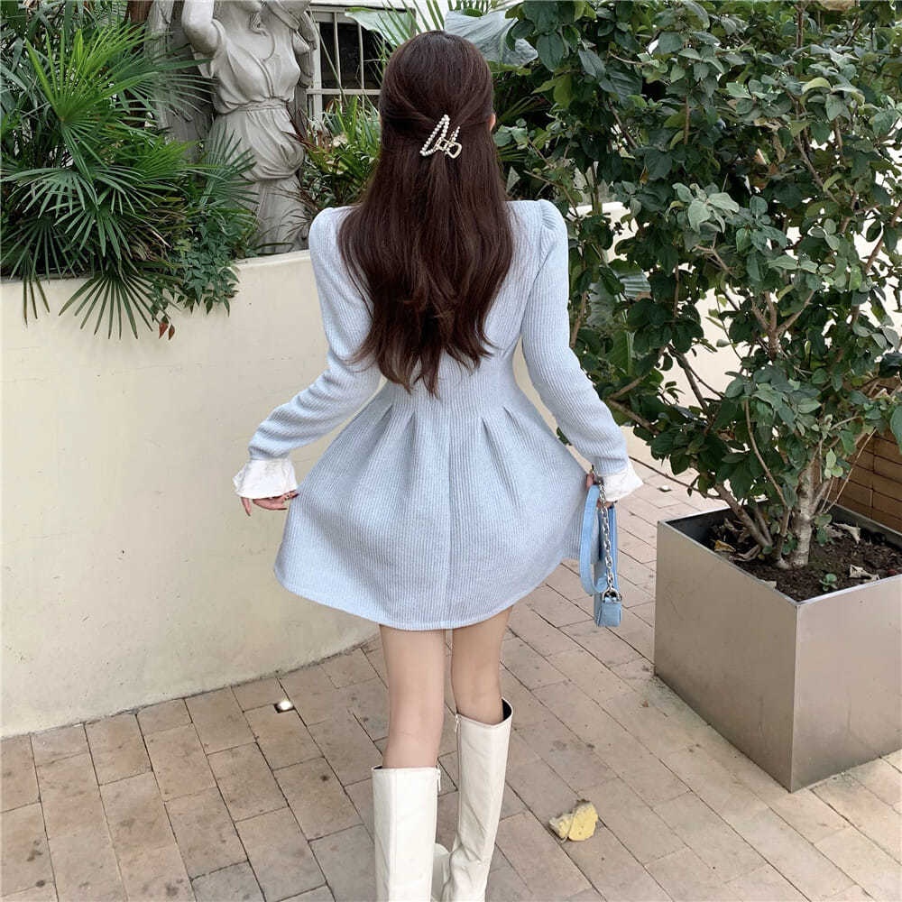 COZOK Đầm Tay Ngắn Cổ Bẻ Màu Trơn Thiết Kế Chiết Eo Phong Cách Retro