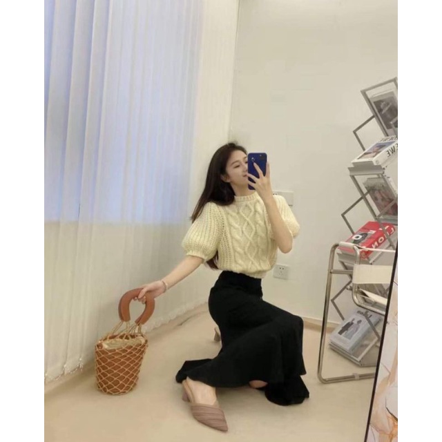 Áo Len Mỏng Ngắn Tay Bồng Cổ Tròn Phong Cách Hàn Quốc ❤️