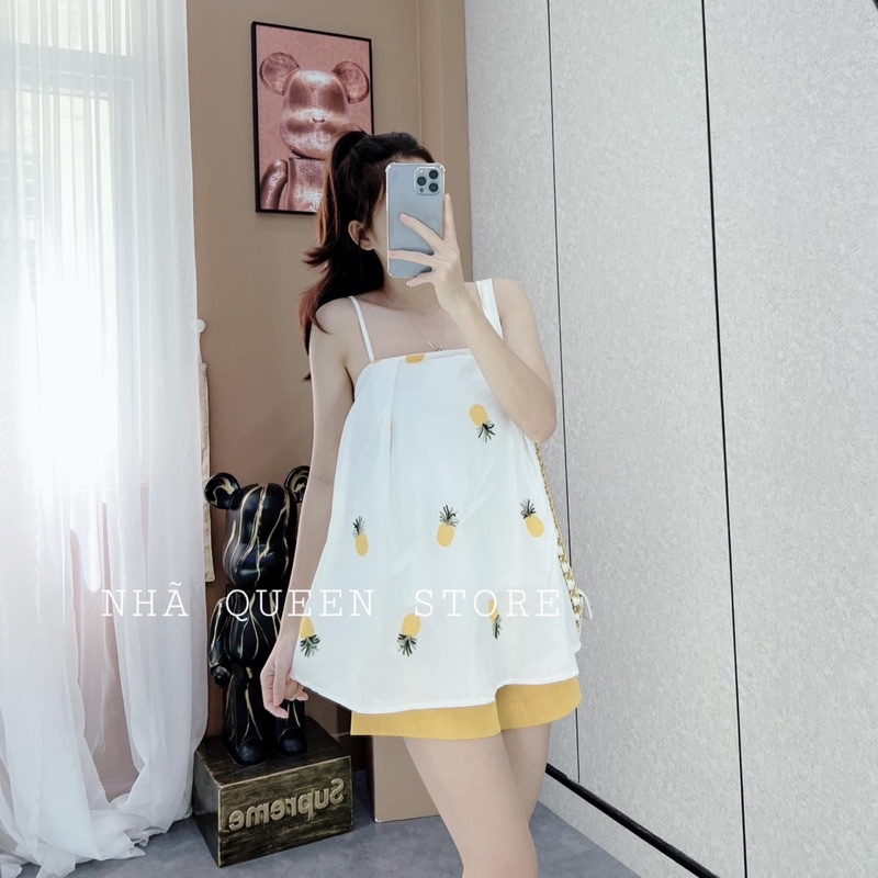 Set aos 2 dây hoa quả mix quần sooc đùi nhiều màu chất thô đũi Bộ 2s hở vai