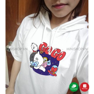 Áo thun tay lỡ có mũ / Áo hoodie ngắn tay BT21 GoGo BTS chất Cotton thấm hút mồ hôi