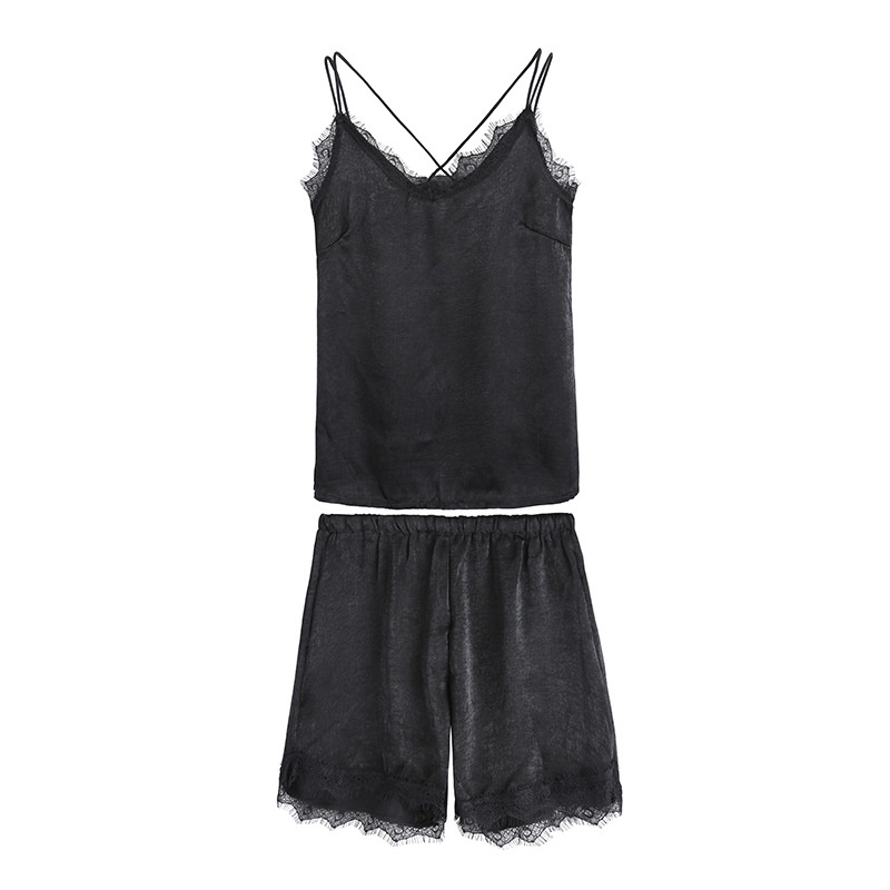 Bộ đồ ngủ nữ viền ren 2 dây chéo lưng sexy, pijama lụa mặc nhà mùa đông, iBra's store AM5