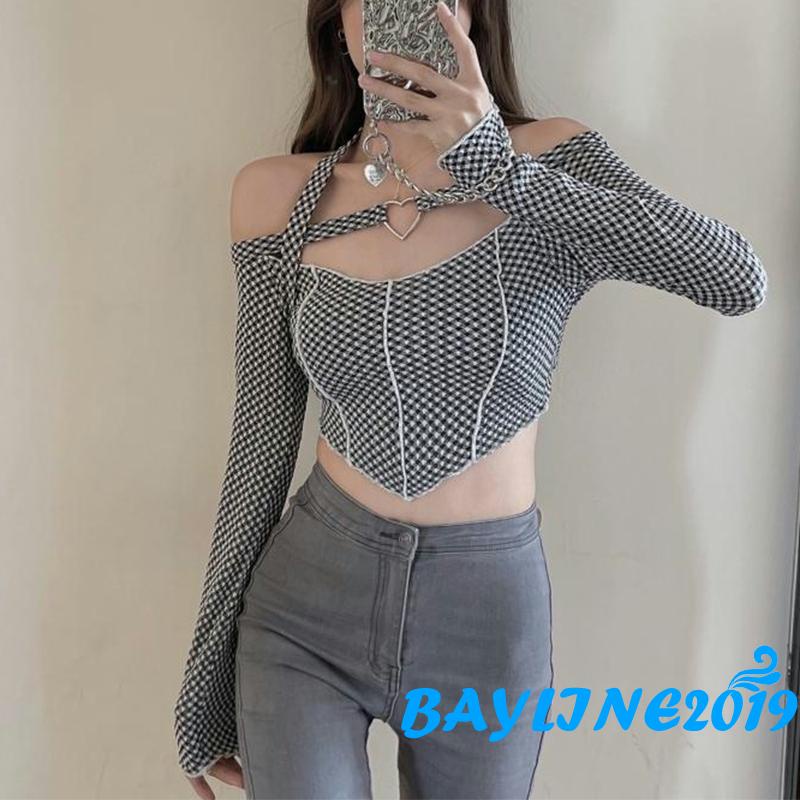 Áo croptop trễ vai dài tay họa tiết ca rô thời trang dành thích hợp cho nữ