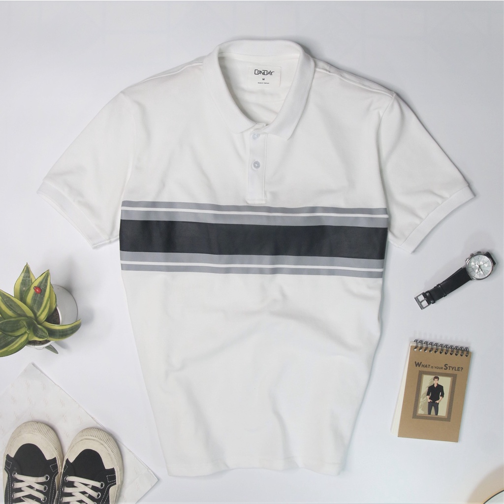 Áo Polo nam trắng phối màu xám đen sọc ngang ngực chống nhăn vải cá sấu Cotton - Polo Moonday - CONDAY CLOTHING