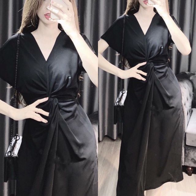 ĐẦM XÒE ĐEN CỔ V XOẮN EO