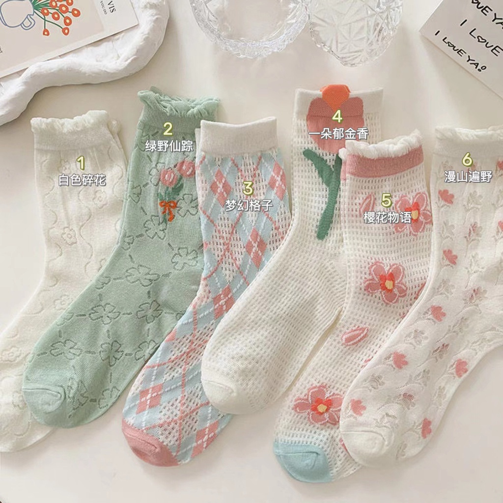 Vớ cotton Ống Lưới Ba Chiều Thoáng Khí Họa Tiết Hoa Nhỏ Dễ Thương Phong Cách Hàn Quốc Thời Trang Mùa Hè Dành Cho Bạn Nữ