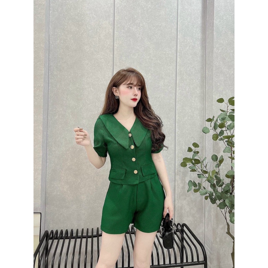 Set đùi kaki bố, áo croptop cổ bèo - set tiểu thư cài nút, quần short vải bố - đồ bộ đùi Hàn Quốc sang chảnh đơn giản