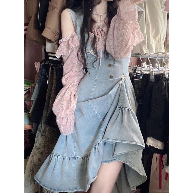 2023 Áo sơ mi denim mới + Váy in hoa Phù hợp với thời trang nữ Hàn Quốc