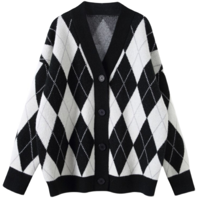 Porozi  Áo khoác cardigan dáng rộng họa tiết hình học phong cách Hàn Quốc thời trang cho nữ