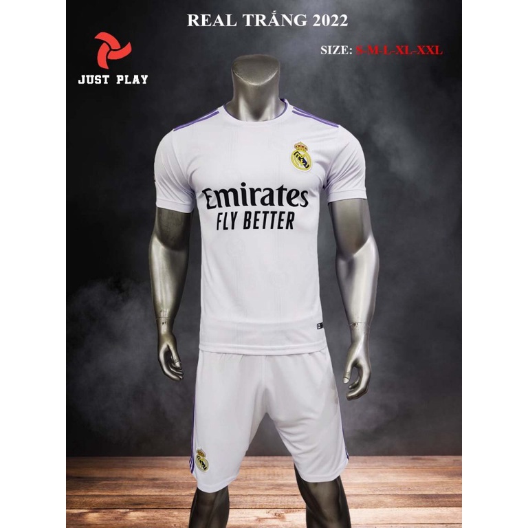 Áo đá bóng, đồ đá banh, quần áo bóng đá, áo Real Trắng 2022 - 2023 - Chất thun lạnh cao cấp, bền, thoáng