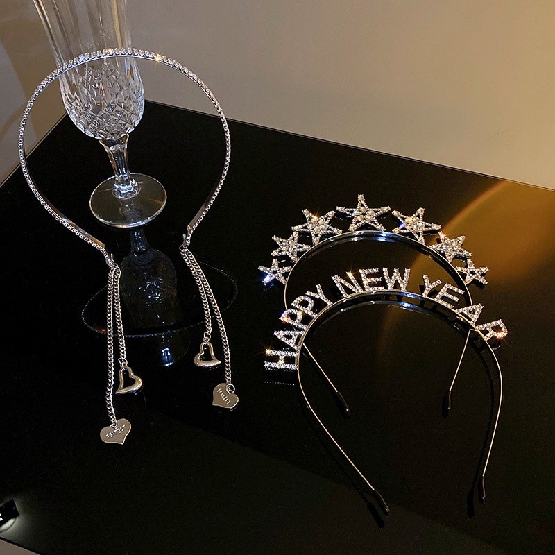 Băng đô tua rua đính đá chữ Happy New Year nhiều kiểu dáng độc đáo