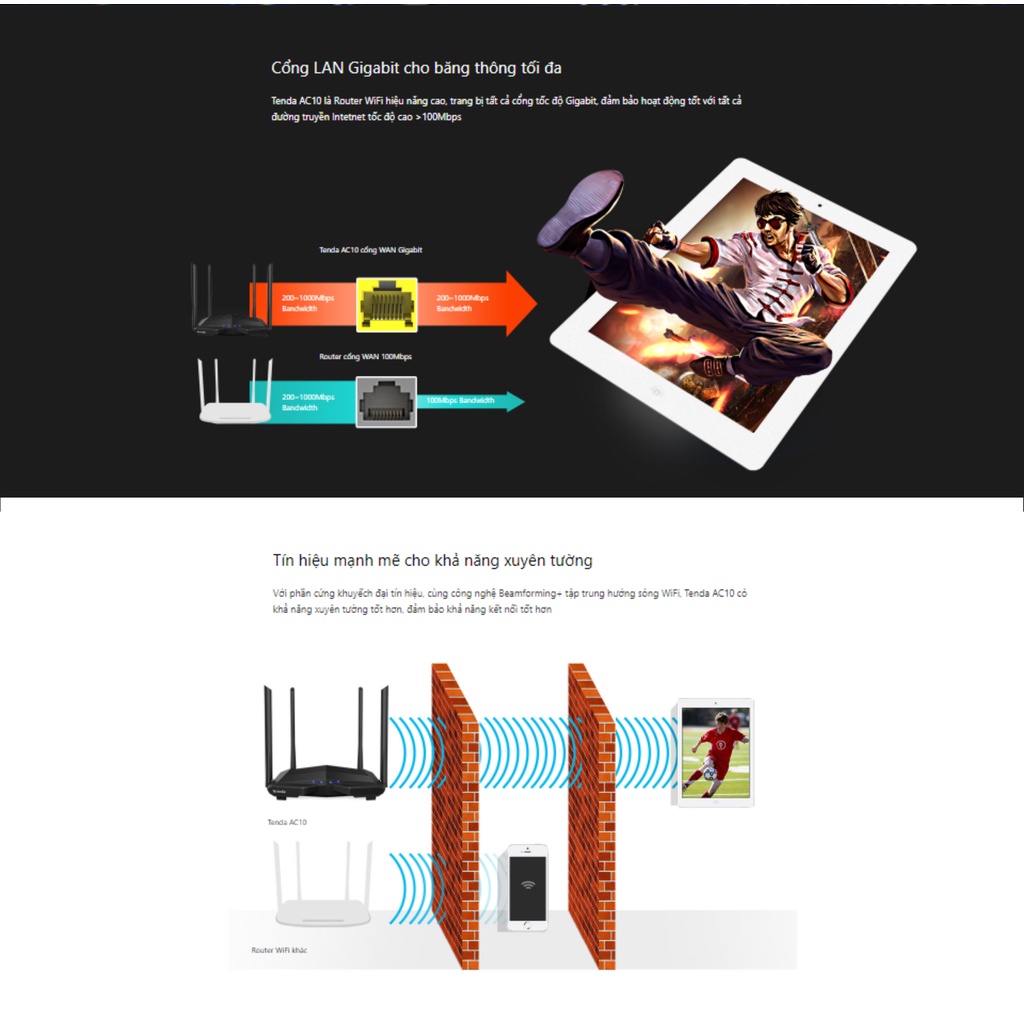 Tenda AC10 Thiết Bị Phát Wifi AC1200M Công Gigabit Băng Tần Kép 2.4G và 5G