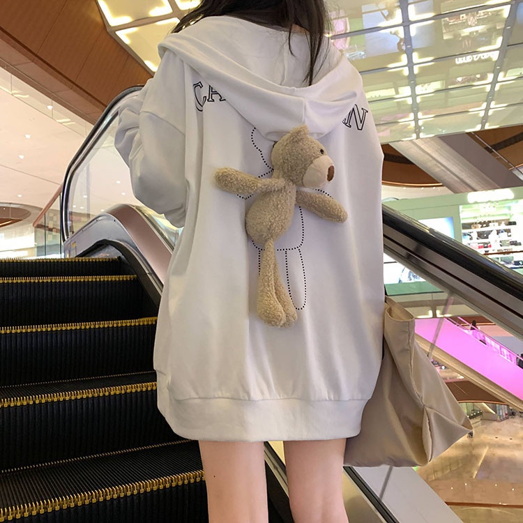 Áo Khoác Cardigan Có Mũ Trùm Đầu Dáng Rộng In Hình Gấu Sau Lưng Phong Cách Hàn Quốc Cho Nữ