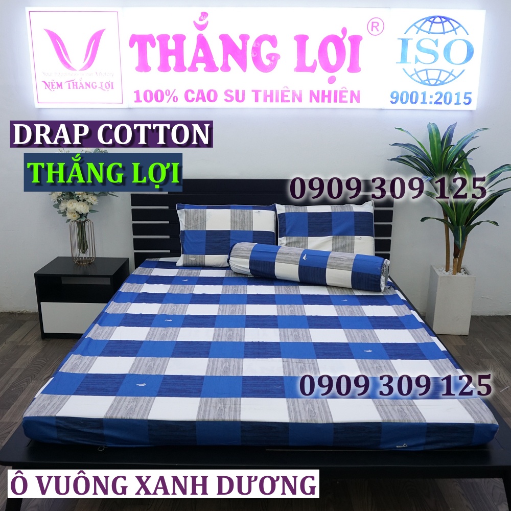 bộ drap cotton Thắng Lợi, ga giường chính hãng Ô VUÔNG XANH DƯƠNG