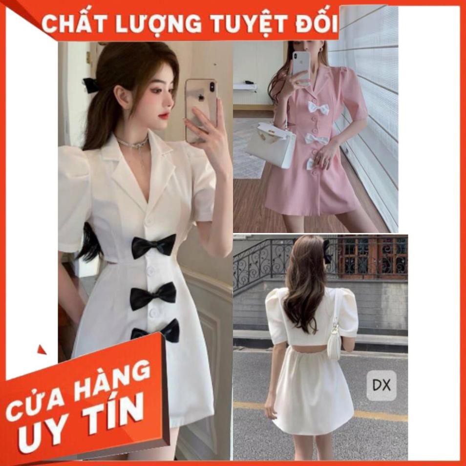 Đầm Cut Out Nữ Cổ Vest , Cộc Tay Cúc Cài Phối Nơ 2 Màu