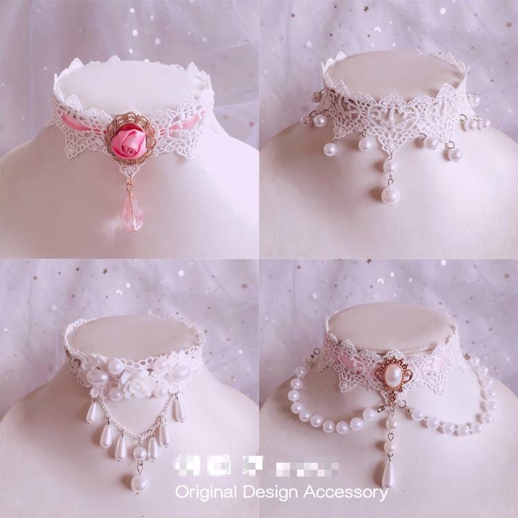 Vòng Cổ Lolita. Cô gái dễ thương. Vòng Cổ Ngọc Trai Ren Công Chúa Lolita. Dây Chuyền choker Ngọc Trai Vòng Cổ Ren Nhật Bản