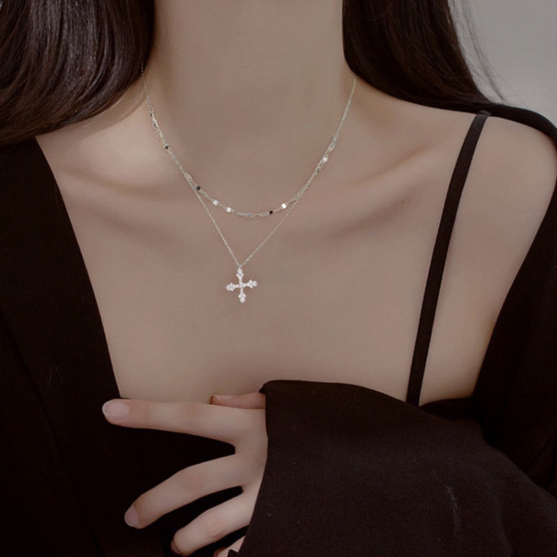 Vòng cổ Hai Lớp Mặt Thánh Giá Đính Đá Lấp Lánh Phong Cách Sang Trọng Thời Trang Mới 2022