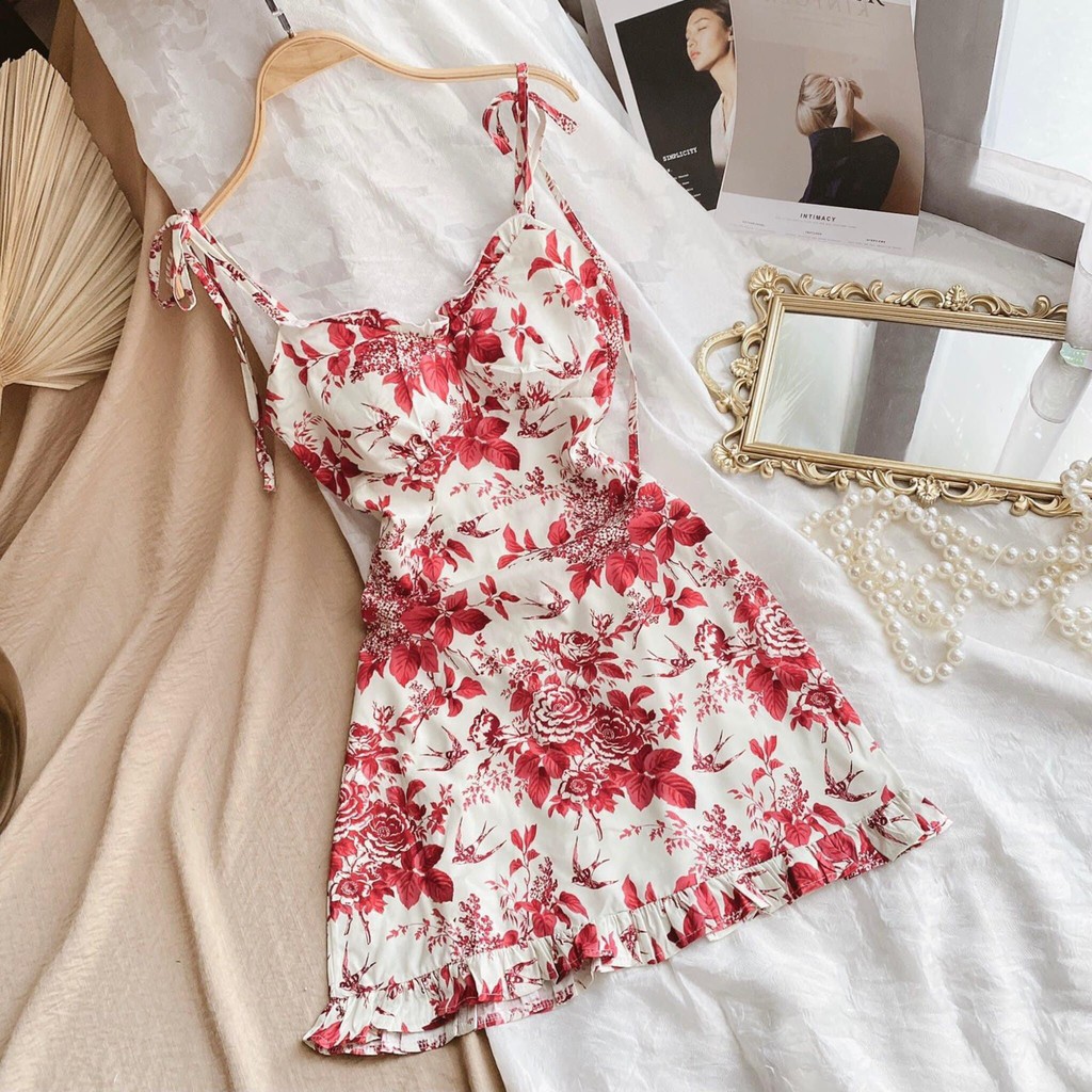 ❤❤ Siêu phẩm sét váy  dây hoa nhí đỏ cúp ngực , Mix khoác tăm
