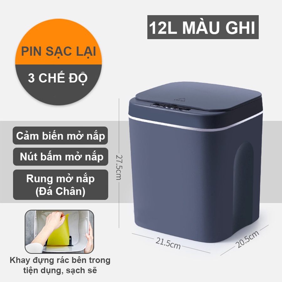 Thùng rác cảm ứng SMART BIN - Thùng rác thông minh dung tích 16L - 14L - 12L kèm pin 2XAA sạc lại được mẫu 2021