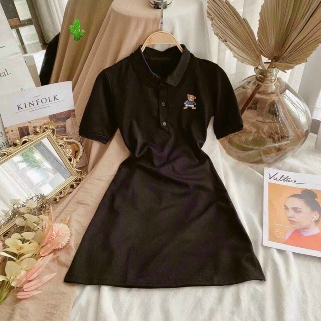 đầm cổ bẻ xinh xinh thêu gấu ảnh thật