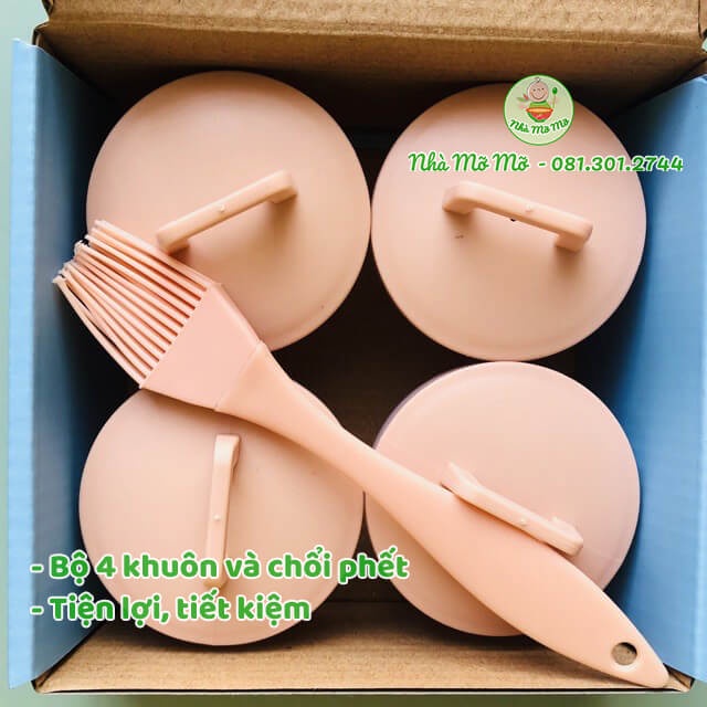 Bộ 4 Khuôn Hấp Trứng, Pudding, Thạch, Caramen Cho Bé Ăn Dặm (tặng kèm chổi) - Nhà Mỡ Mỡ