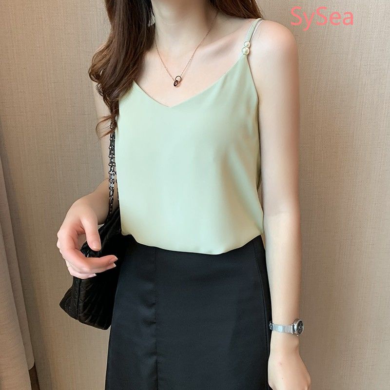 Áo Voan Hai Dây Đính Ngọc Trai Thời Trang Mùa Hè Pháp Cho Nữ