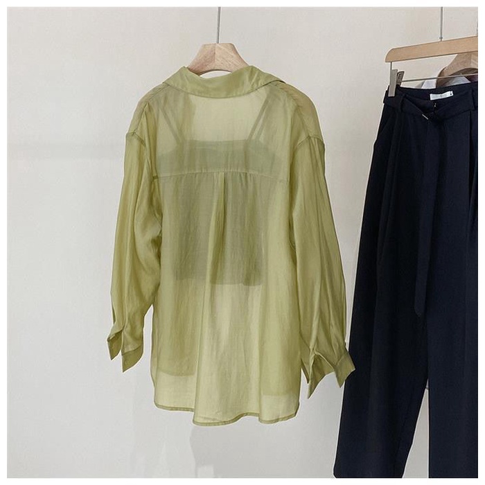 Spot Korean summer women's shirt sunscreen cardigan Tencel cotton side button semi transparent thin shirt jacket sunscreen shirt women's spring and summer loose Long Sleeve Jacket
