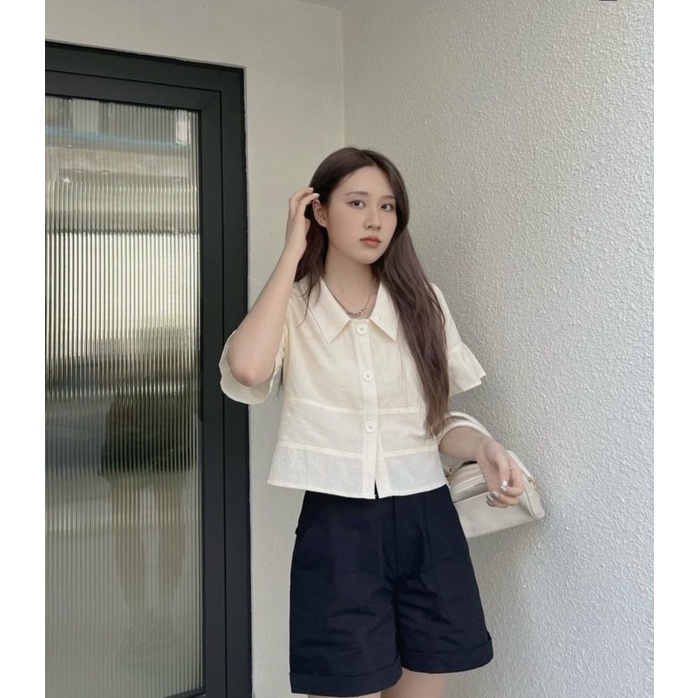 [Mã FAMARAL1 giảm 10K đơn 50K] Sibling House - Áo sơ mi form croptop chạy chỉ nổi Winie