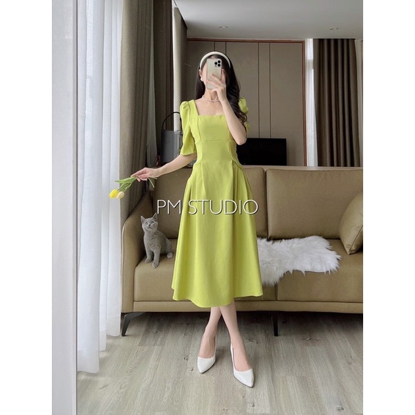 Váy thiết kế cổ vuông li eo dáng xòe ba màu tiểu thư nhẹ nhàng