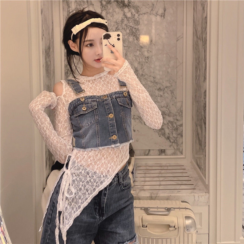 [New Hot】Irregular off-the-Shoulder Long SleeveTT-shirt Top Women's Outer Wear Summer Korean Style Anti-Aging Short Denim Vest Slingins-