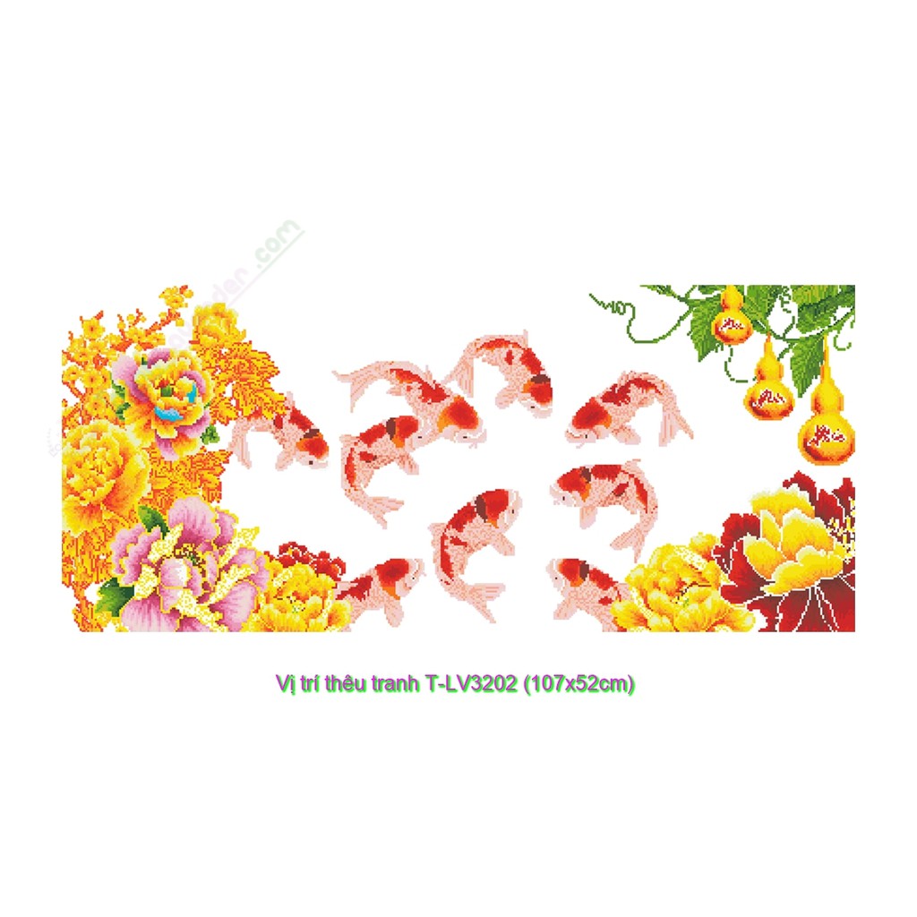 [T-LV3202]Tranh thêu chữ thập Con cá Cửu Ngư Quần Tụ (107x52cm)