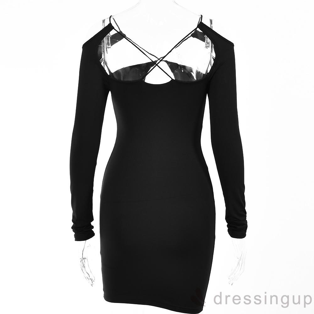 DRE-Women´s Bodycon Dress, Solid Color Long Sleeve Hollow Bandage Backless Mini Short Dress