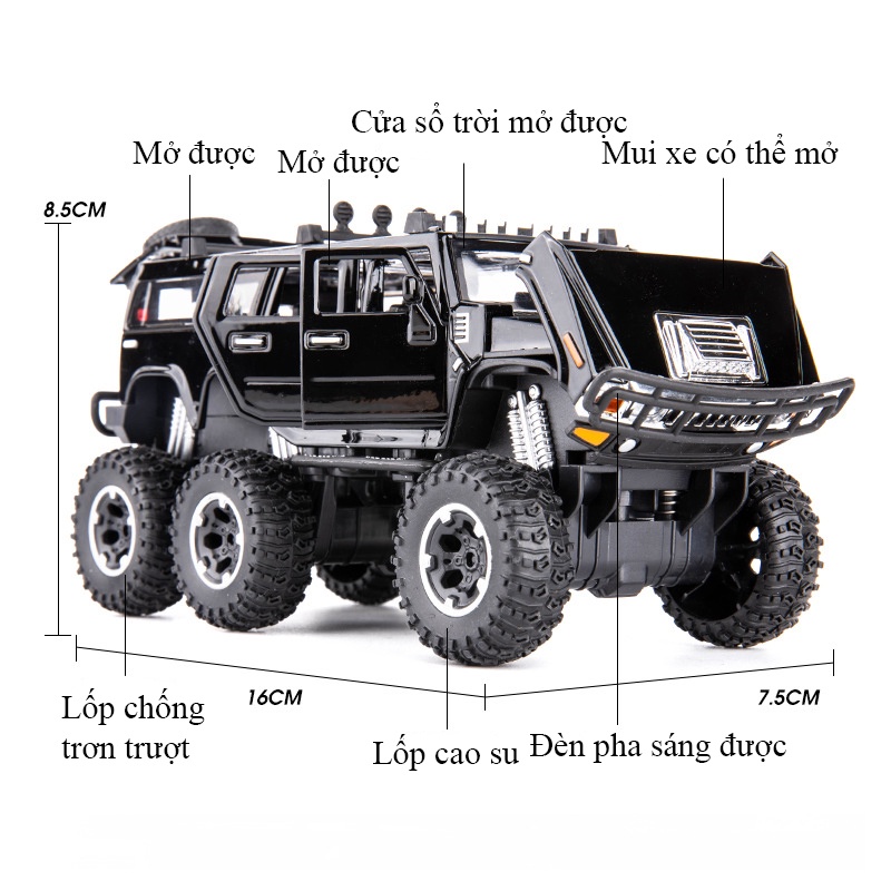 Xe mô hình FORD HUMMER tỷ lệ 1:32 KAVY bằng hợp kim có nhạc và đèn mở được 6 cửa, 6 bánh xe