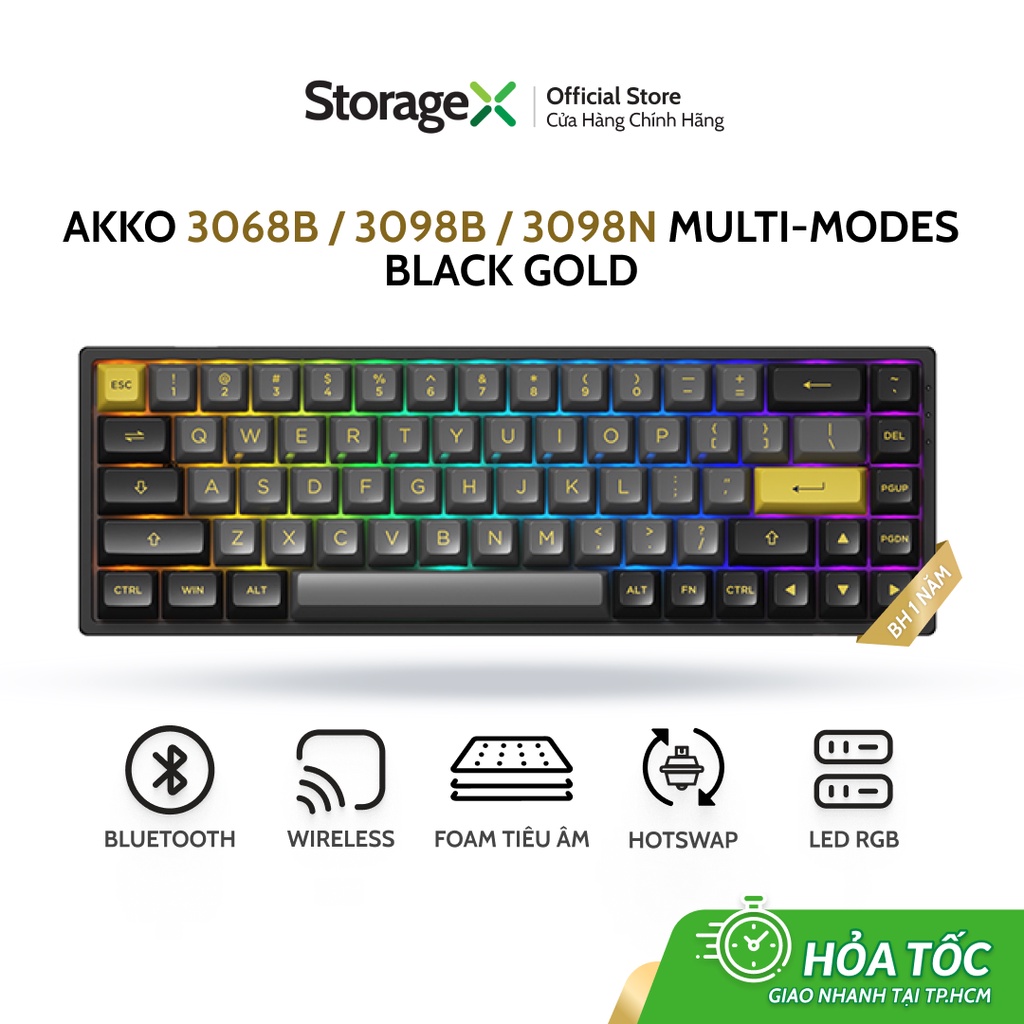 Bàn phím cơ AKKO 3068B 3098B 3098N Black Gold ( Bluetooth / Wireless / Hotswap / LED RGB ) - Hàng Chính Hãng