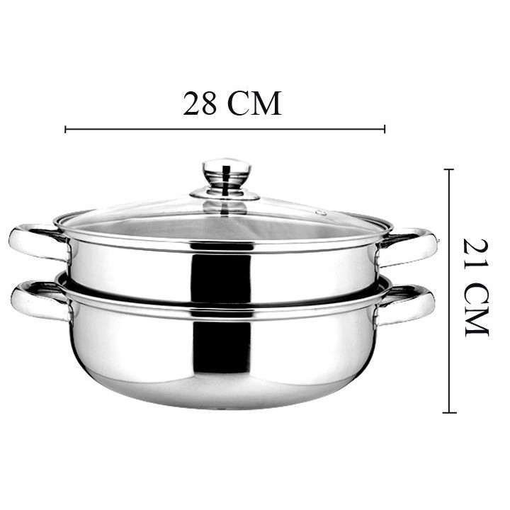 Nồi hấp inox 2 tầng, xửng hấp cách thủy đa năng, Nồi hấp 2 tầng 28cm - dùng được bếp từ, bếp hồng ngoại