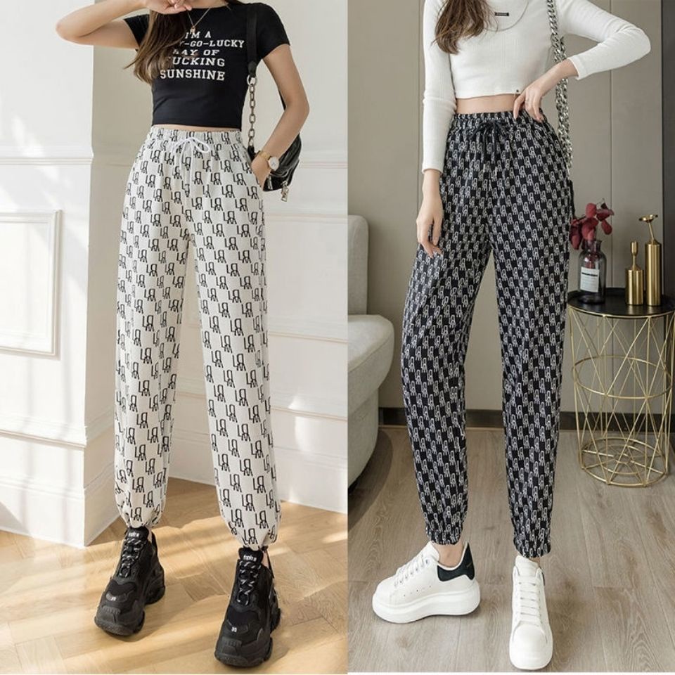 Letter Printed Spring and Summer Sweatpants Women's Loose Track Pants All-Matching Youthful-Looking Ankle-Tied Hong Kong Style Harem Pants Casual Wide-Leg Pants