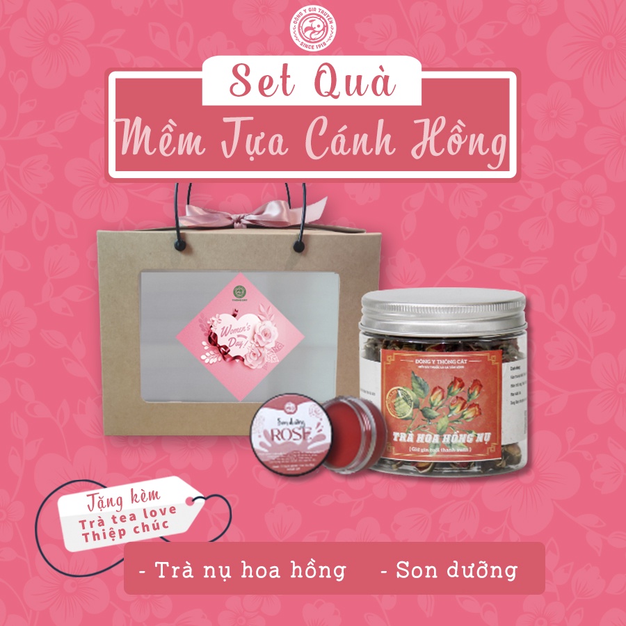 Set quà ý nghĩa 8 - 3 Bộ quà Mềm Tựa Cánh Hồng THÔNG CÁT HCM trà hoa hồng, son dưỡng chúc nàng luôn xinh đẹp