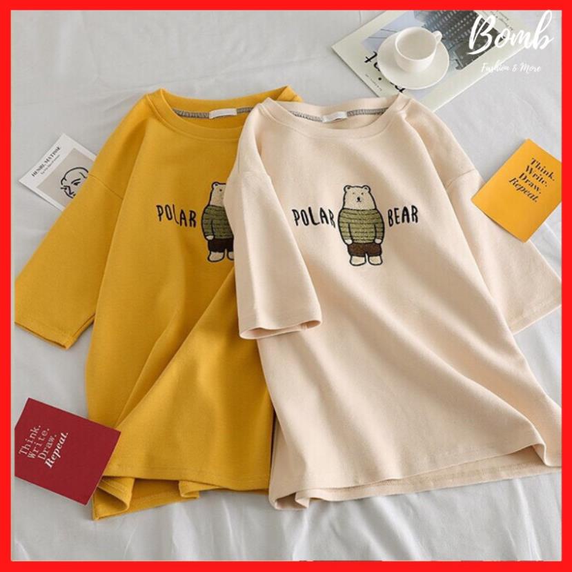 Áo thun form rộng tay lỡ thêu hình gấu polar bear siêu đáng yêu, áo phông dáng rộng siêu hot hit giá rẻ !