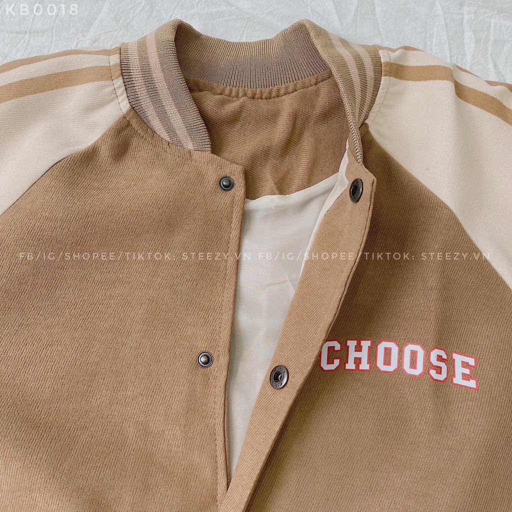 [KB0018] Áo khoác bomber vải thô nhung gân dày lót gió 2 lớp in chữ CHOOSE form rộng (Có sẵn/Ảnh thật)