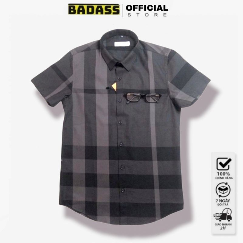 Áo sơ mi nam cộc tay họa tiết kẻ to BBR chất cotton xịn màu đen